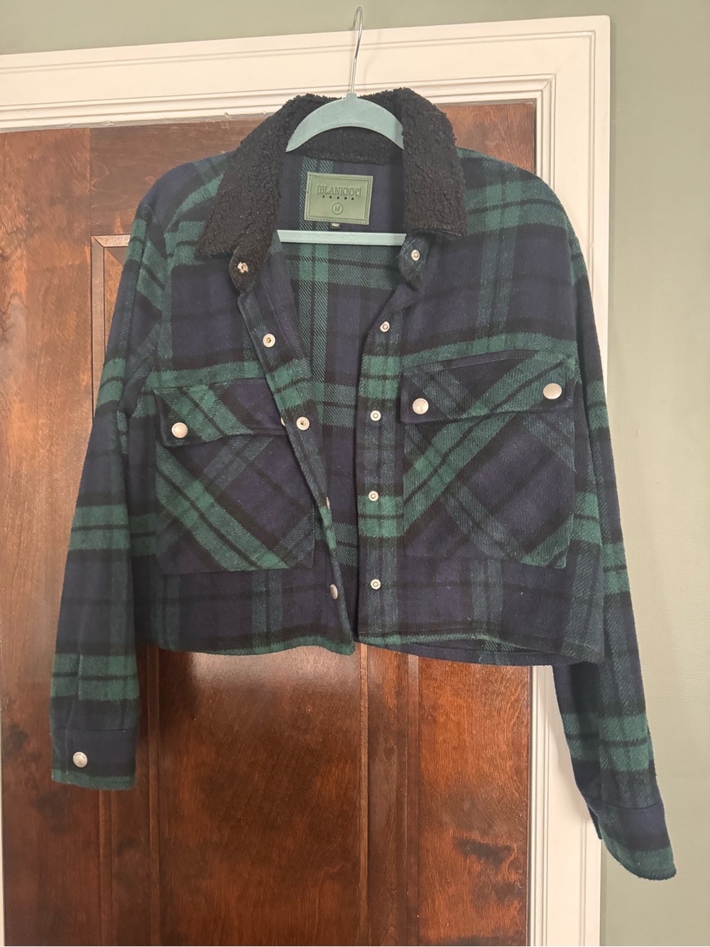 Blank NYC Green & Navy Plaid Teddy-Collar Cropped Jacket